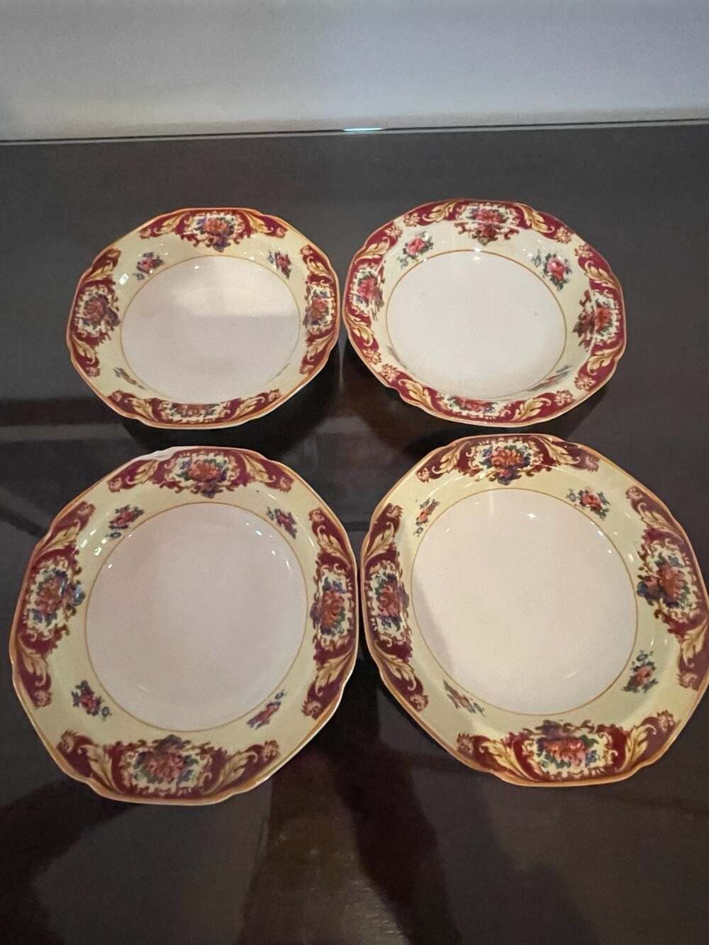 Set of 4 Vtg Crown Ducal CRD38 Maroon Floral Scalloped Rim 8" Shallow Soup Bowls